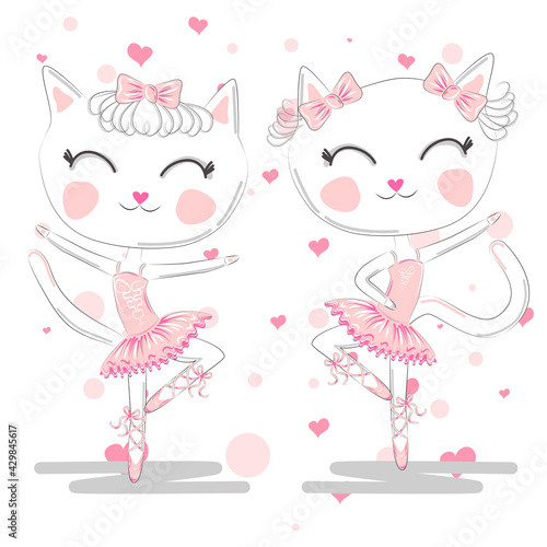 Happy cat girl in ballet costume dance on a piano on polka dot background illustration vector.