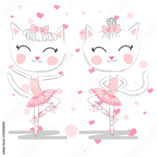 Happy cat girl in ballet costume dance on a piano on polka dot background illustration vector.