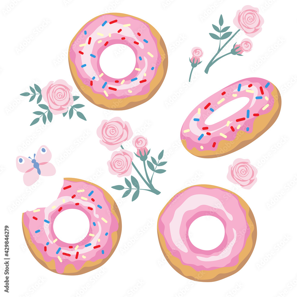 Set of donut with pink icing and sprinkles and rose flower. Cartoon style. Set of donut with pink icing and sprinkles and rose flower. Cartoon style.