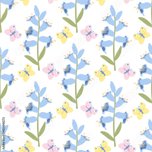 Blue bell flower and colorful butterfly on white background. Seamless pattern. Floral pattern with campanula. Flat style.