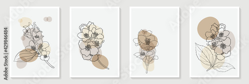 Set of creative minimalist hand draw illustrations floral outline and pastel simple shape for home wall decoration, postcard or brochure cover design