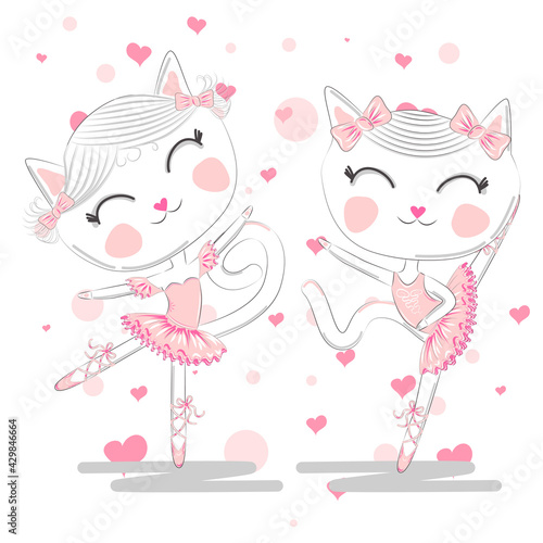 Happy cat girl in ballet costume dance on a piano on polka dot background illustration vector.