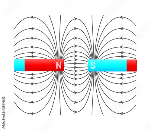 Electromagnetic field and magnetic force. Polar magnet schemes. Educational magnetism physics vector. Magnetic field earth, science physics education illustration