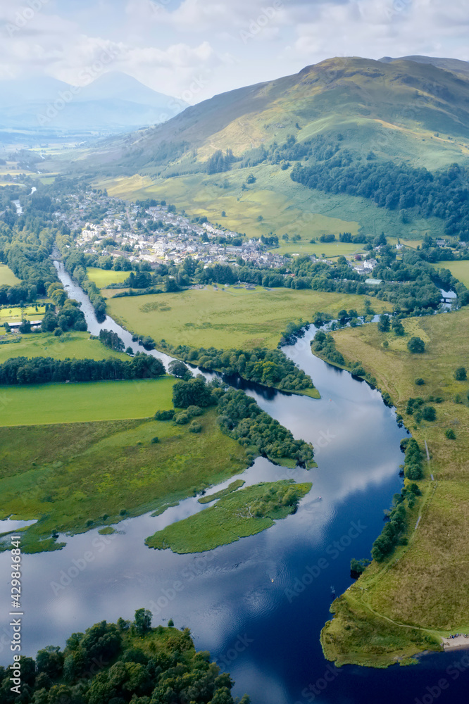 Loch Tay aerial view during summer and mountains in Perthshire
