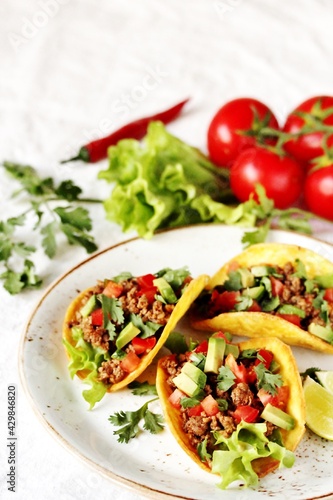 Mexican tacos with roast minced meat with avocado, fresh tomatoes, paprika and cilantro.