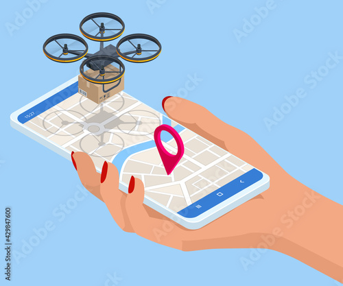 Isometric Drone delivery, Logistics and Delivery concept. Delivery home and office. Tracking delivery service online. City logistics.