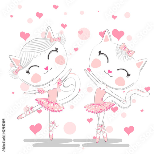 Happy cat girl in ballet costume dance on a piano on polka dot background illustration vector.