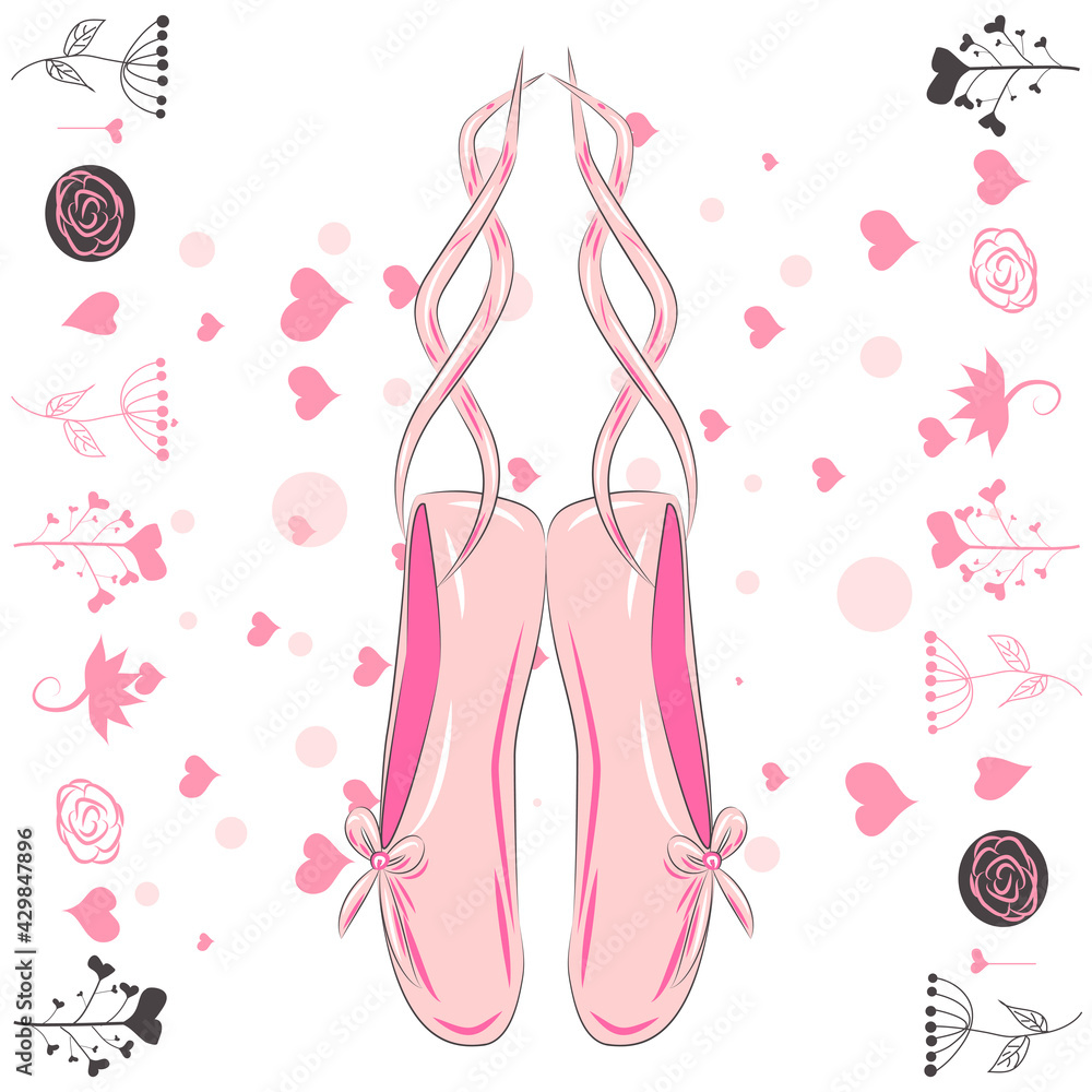 Delicate pink pointe shoes with white ribbons for ballet dancing.
