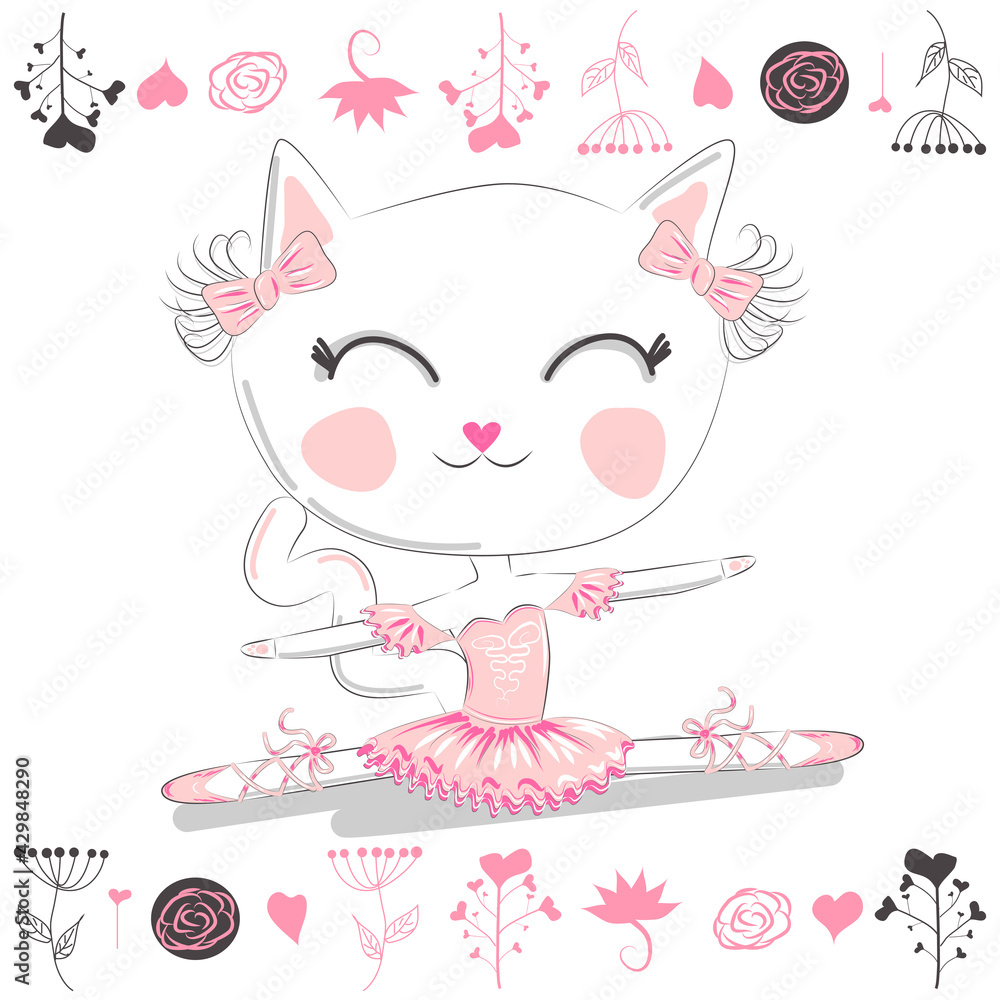 Cute dancing cat ballerina in tutu. Cartoon hand drawn. Cute dancing cat ballerina in tutu. Cartoon hand drawn.