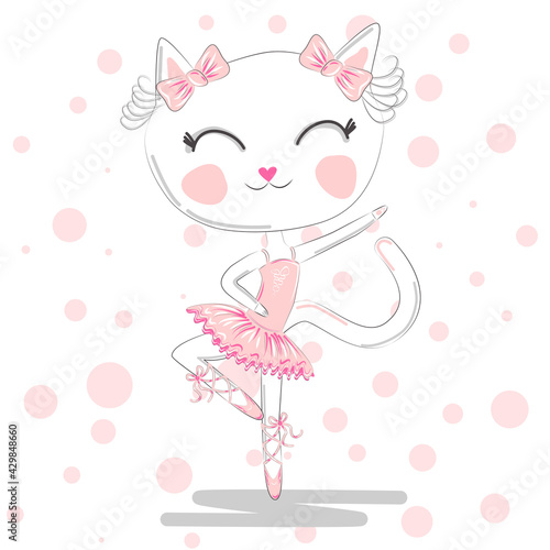 Happy cat girl in ballet costume dance on a piano on polka dot background illustration vector.