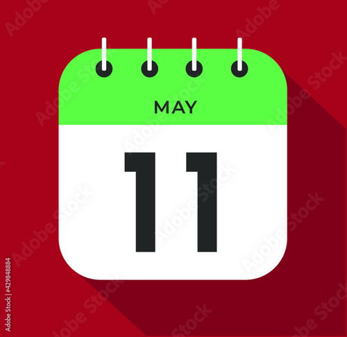 May day 11. Number eleven on a white paper with green color border on a red background vector.