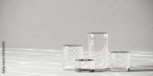 Minimal mockup concept for product presentation. Clear acrylic podium with water caustic on white background. Clipping path of each element included. 3d rendering illustration.  photo