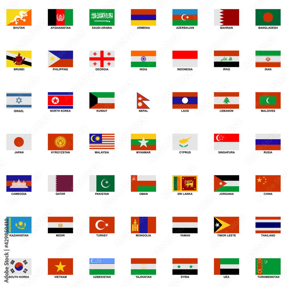 the flags of the countries in the continent of Asia icon set vector sign symbol the flags of the countries in the continent of Asia icon set vector sign symbol