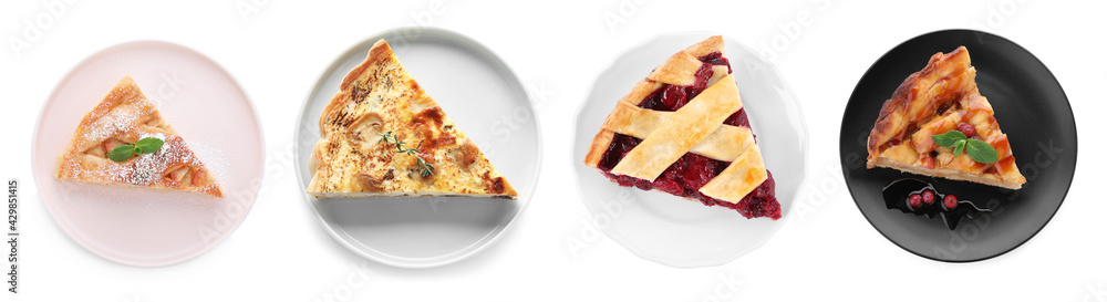 Set with pieces of different delicious pies on white background, top view. Banner design - obrazy, fototapety, plakaty 