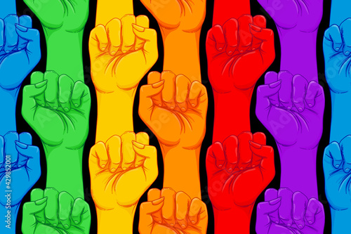 Striped hand showing fist raised up. Gay rights concept. Realistic style vector illustration in rainbow colors. LGBT logo symbols stickers seamless pattern. Colorful pride design.