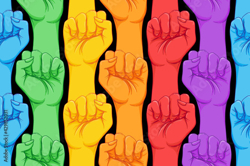 Striped hand showing fist raised up. Gay rights concept. Realistic style vector illustration in rainbow colors. LGBT logo symbols stickers seamless pattern. Colorful pride design.