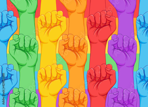 Striped hand showing fist raised up. Gay rights concept. Realistic style vector illustration in rainbow colors. LGBT logo symbols stickers seamless pattern. Colorful pride design.