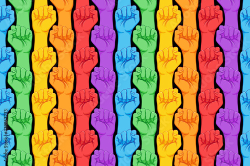 Striped hand showing fist raised up. Gay rights concept. Realistic style vector illustration in rainbow colors. LGBT logo symbols stickers seamless pattern. Colorful pride design.