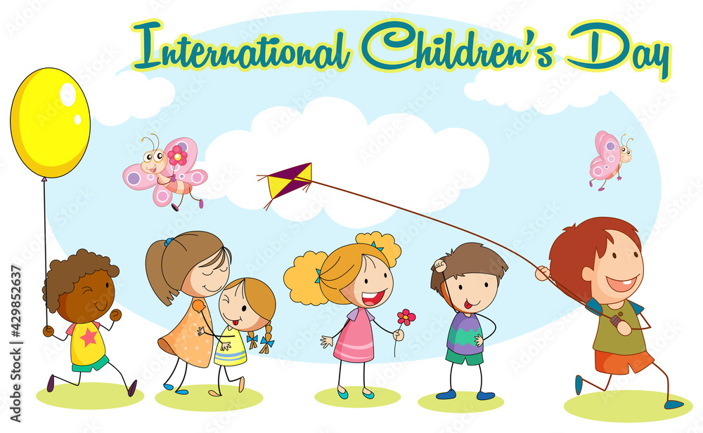 International Children’s Day Happy Kids Enjoying Playing Outdoor Kite Balloon Butterfly illustration