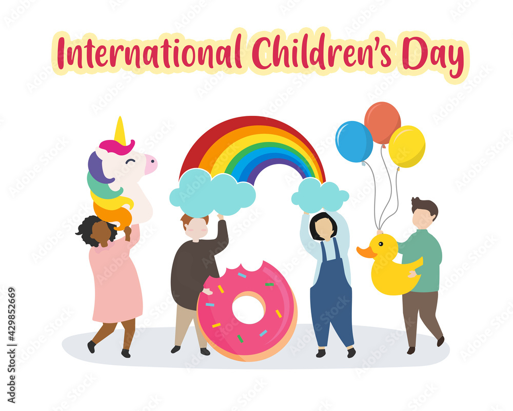 Fototapeta premium International Children’s Day Happy kids with Unicorn Rainbow Doughnut Balloon Duck illustration