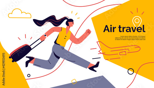 Vector illustration of a running young woman with luggage hurrying to board flight