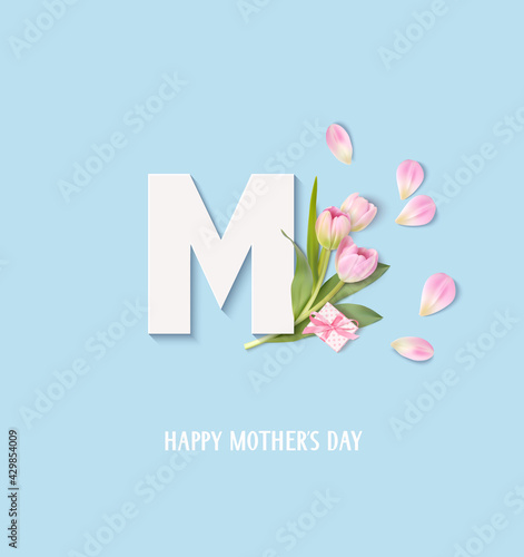 Mothers Day design template with white letter M, pink tulip bouquet, gift box and Happy Mother's Day greeting text. Holiday decorative elements. Vector stock illustration