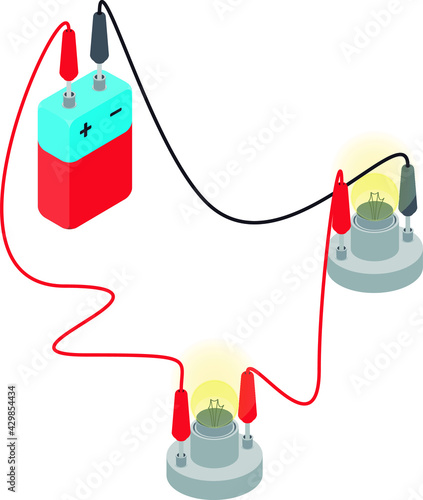 Series circuit vector illustration, isolated on white background. Simple electrical circuit made of a battery and two lamps.