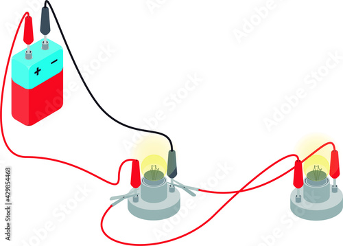 Parallel circuit vector illustration, isolated on white background. Simple electrical circuit made of a battery and two lamps.