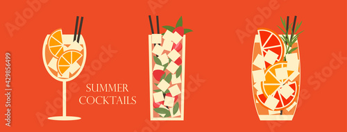 Set of cocktails. An illustration of three cocktails in wine and tall glass. Vector illustration of summer cocktails with ice and fruits