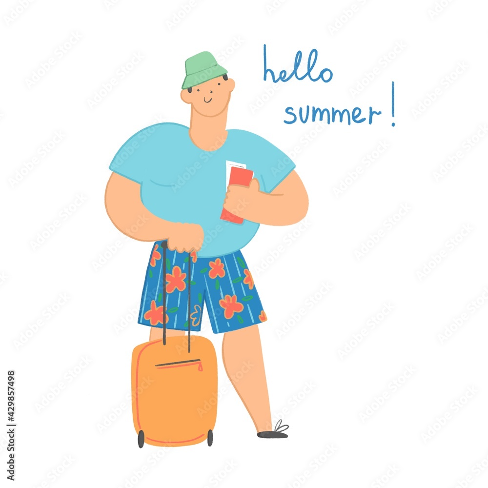 A funny plump man with an orange suitcase on wheels holds tickets in his hand. Hello summer. Flat illustration isolated on white background. A funny plump man with an orange suitcase on wheels holds tickets in his hand. Hello summer. Flat illustration isolated on white background.