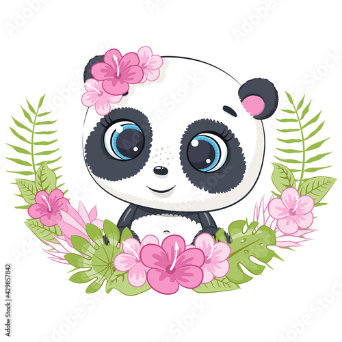 Cute little panda with wreath of hawaii flowers. Cartoon vector illustration.