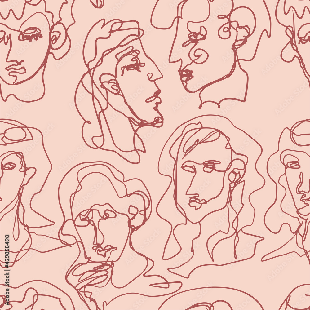 Contemporary abstract female faces. Minimalistic elegant women portraits. Vector seamless pattern. Continuous line art ornament. Modern design for wallpapers, print, textile, fabric, wrap, background. Contemporary abstract female faces. Minimalistic elegant women portraits. Vector seamless pattern. Continuous line art ornament. Modern design for wallpapers, print, textile, fabric, wrap, background.