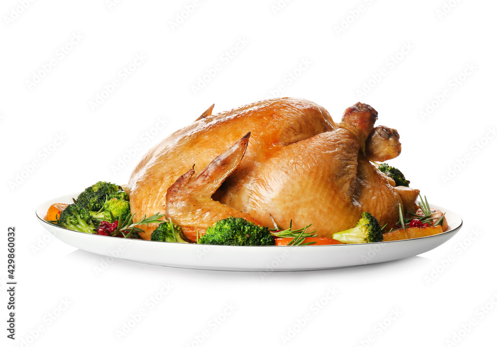 Roasted chicken with oranges and vegetables isolated on white Roasted chicken with oranges and vegetables isolated on white