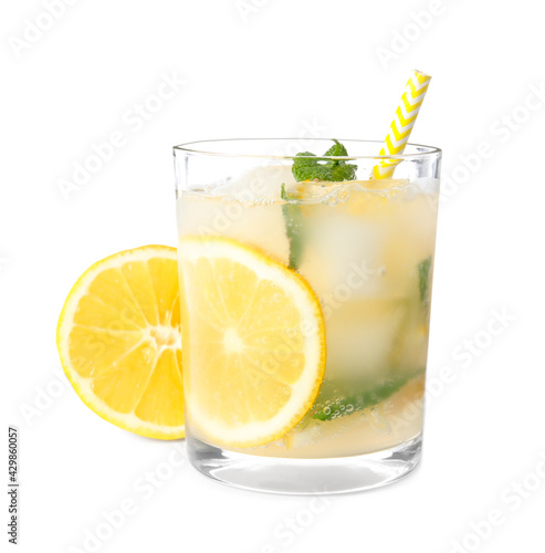 Cool freshly made lemonade in glass isolated on white