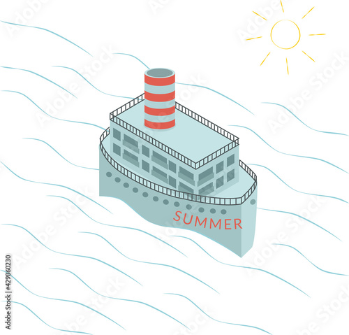 Vector sketch of grey cruise ship with red parts called Summer surrounded by sea waves drawn with blue pencil and sun with yellow one