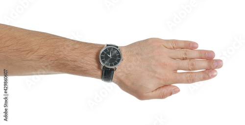 Man wearing luxury wrist watch on white background, closeup
