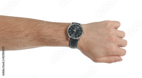 Obraz na plátne Man wearing luxury wrist watch on white background, closeup