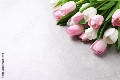 Fototapeta Naklejka Na Ścianę i Meble -  Beautiful pink spring tulips on light background, above view. Space for text