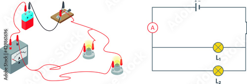 Vector illustration of an electric circuit diagram, isolated on white background. Electric circuit made of a battery, a switch, two parallel lamps and an ammeter.