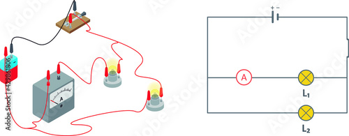 Vector illustration of an electric circuit diagram, isolated on white background. Electric circuit made of a battery, a switch, a lamp and an ammeter in series and a parallel lamp.