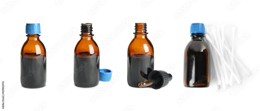 Set with bottles of medical iodine on white background. Banner design Set with bottles of medical iodine on white background. Banner design
