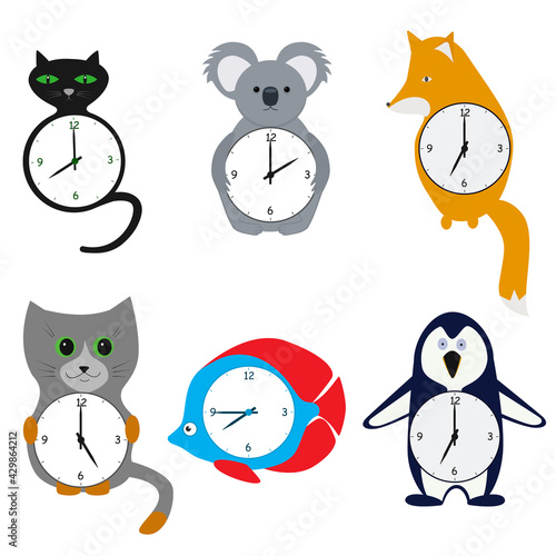 Set of Wall Clocks for children. The image of a Clock in the form of animals for a children's room. Isolated vector image on white background in flat style.