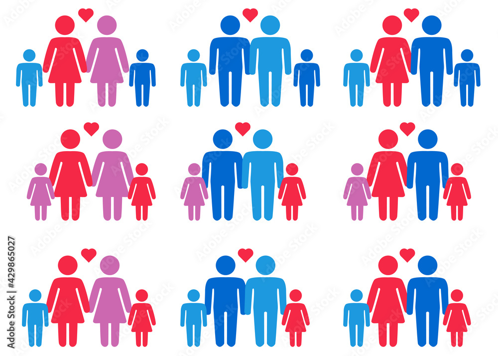 Gay, lesbian couples and family with children icons set