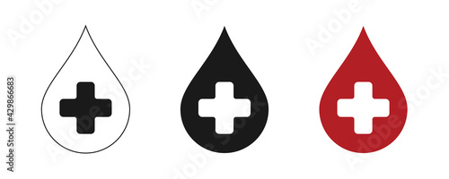Blood drop icons set. Cross and donation.