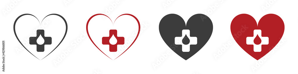 Red heart with a white cross. The symbol for the hospital. Illustration. Set. Red heart with a white cross. The symbol for the hospital. Illustration. Set.