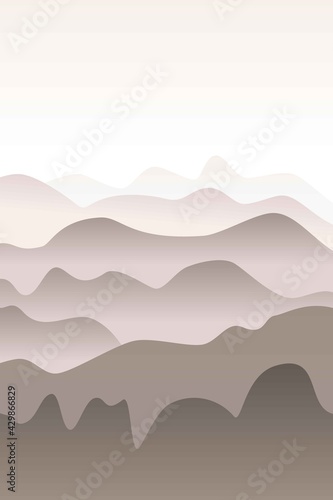 Monochrome landscape with waves. Sun set sky. Warm grey and beige foggy mountains silhouette. Sandy desert dunes. Nature and ecology. Vertical orientation. For social media, post cards and posters