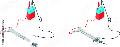 Electromagnet experiment images sequence. Electromagnet made of a nail and coil of a wire, connected to a battery, vector illustration isolated on white background. 