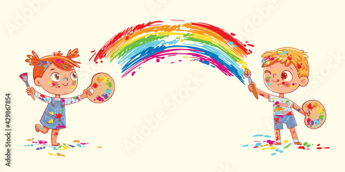 Boy and girl draw a rainbow together