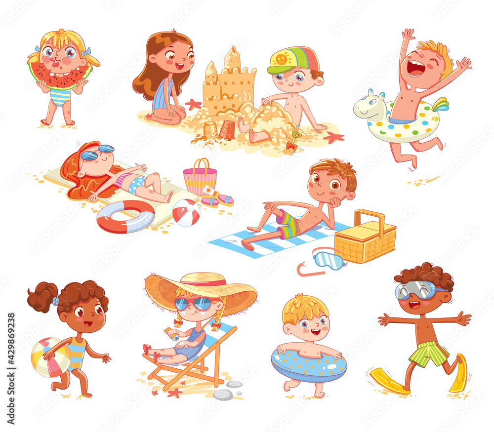 Set of summer scenes with children. Vacation at sea Set of summer scenes with children. Vacation at sea