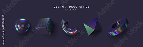 Set of 3d render primitives. Realistic 3d sphere, torus, cone, cube, tube. Glossy holographic geometric shapes isolated on dark background. Iridescent trendy design, thin film effect. Vector.
